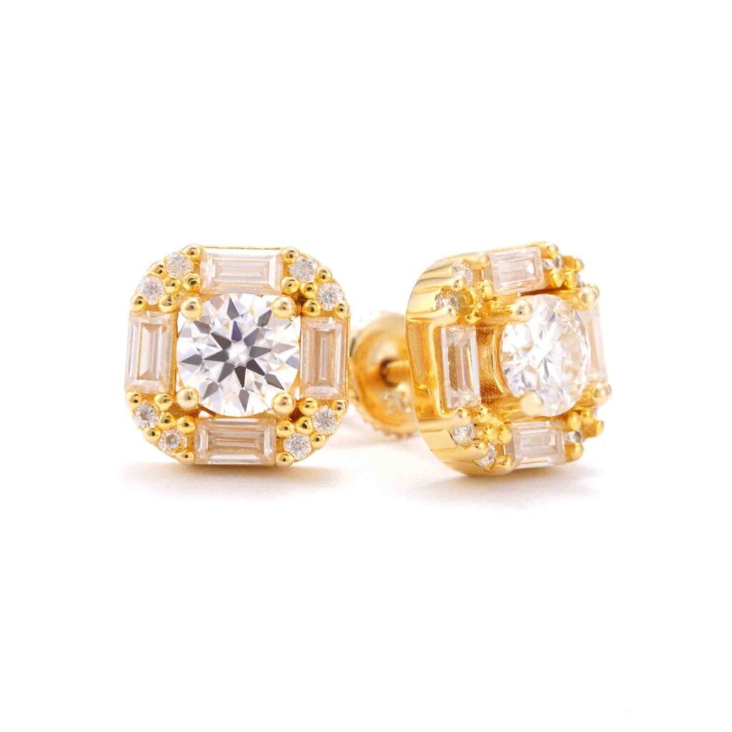Juicx 10MM Baguette Halo Moissanite Earrings 14K Gold