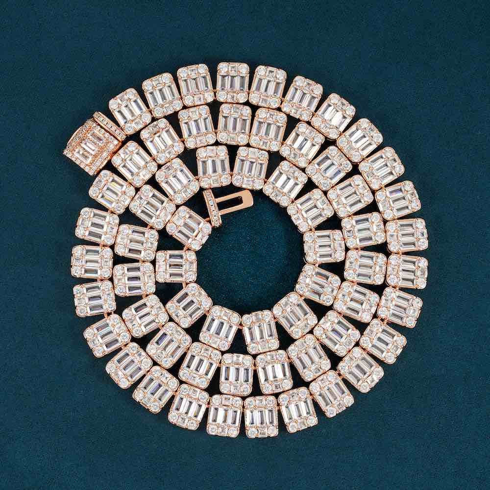 Juicx 11MM Moissanite Clustered Baguette Tennis Chain 14K Gold