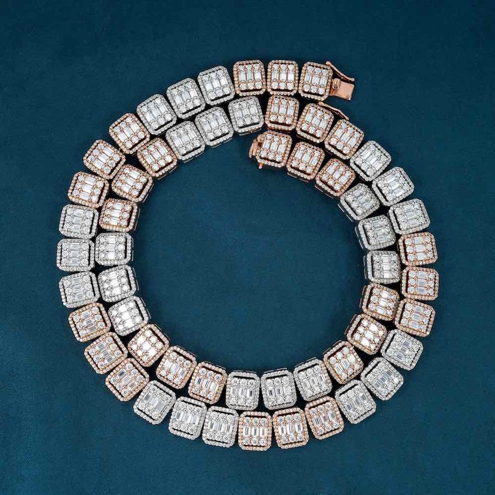 Juicx 13MM Moissanite Clustered Baguette Tennis Chain 14K Gold