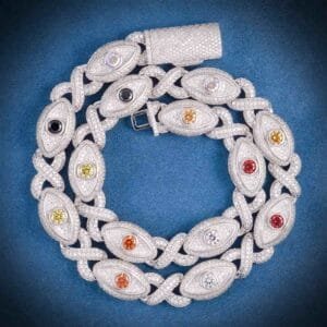 Juicx 15MM Iced Out Multi Gemstone Evil Eye Eternity Chain 14K Gold