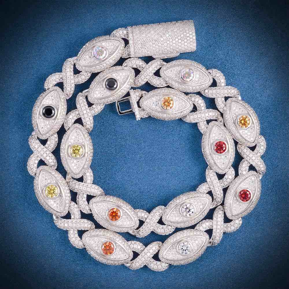 Juicx 15MM Iced Out Multi Gemstone Evil Eye Eternity Chain 14K Gold