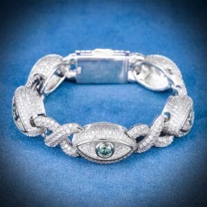 Juicx 15MM Iced Out Blue Gemstone Evil Eye Eternity Bracelet 14K Gold