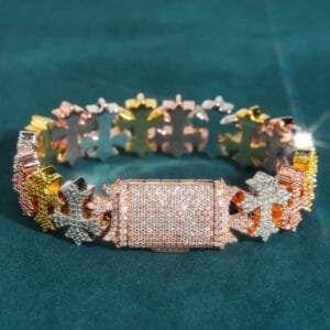 Juicx 16MM Moissanite Cross Link Bracelet 14K Tri Tone