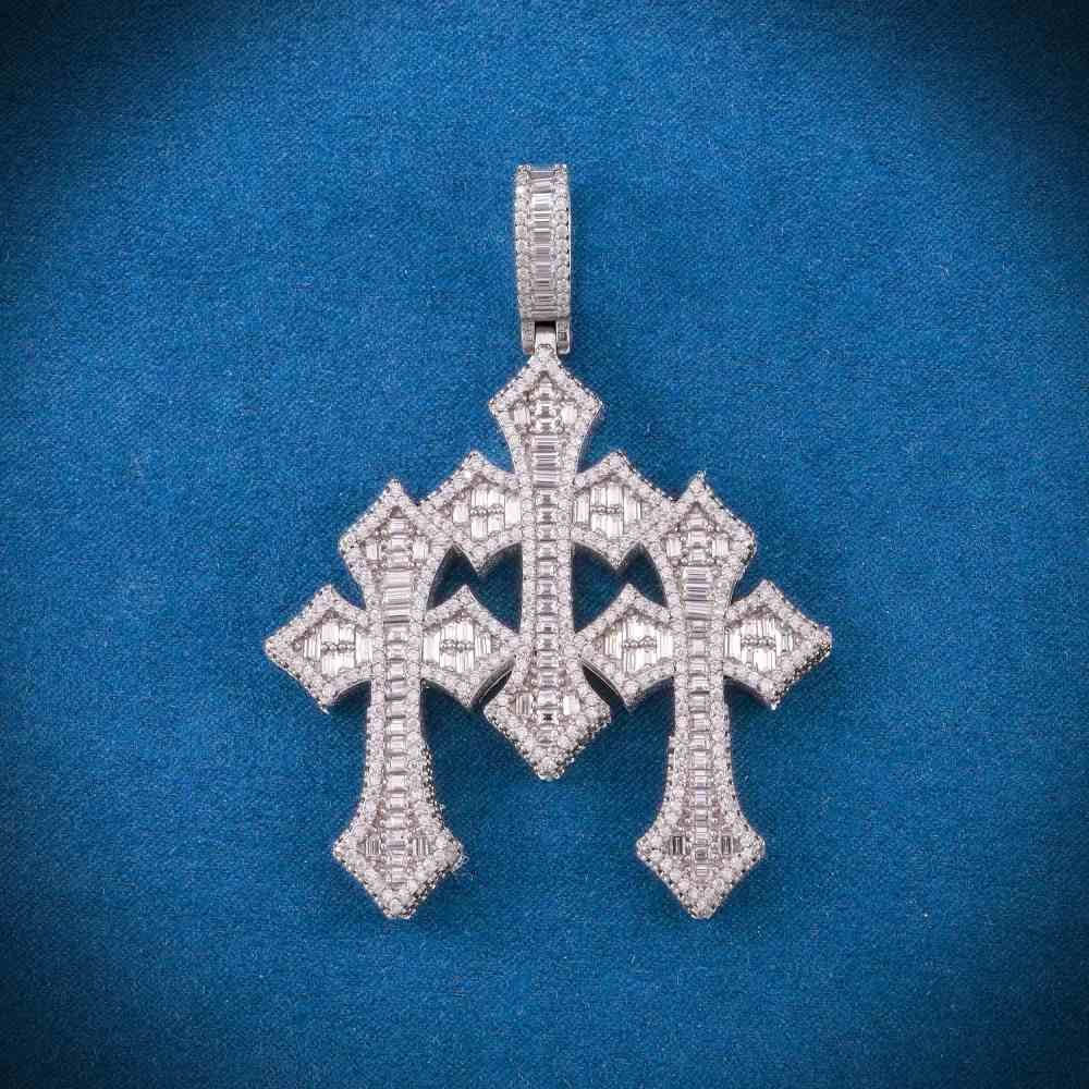 Juicx Baguette Moissanite Triple Ornamental Cross Pendant 14K Gold