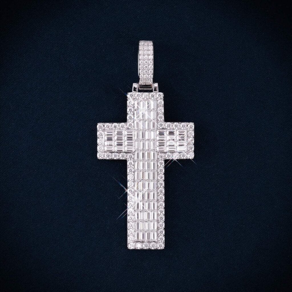 Juicx Double Layer Emerald Cut Moissanite Cross Pendant 14K Gold