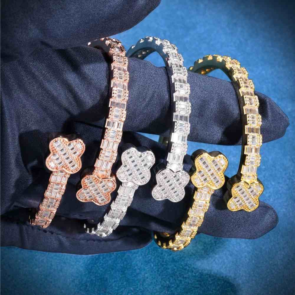 Juicx Floral Baguette Moissanite Bangle Bracelet 14K Gold