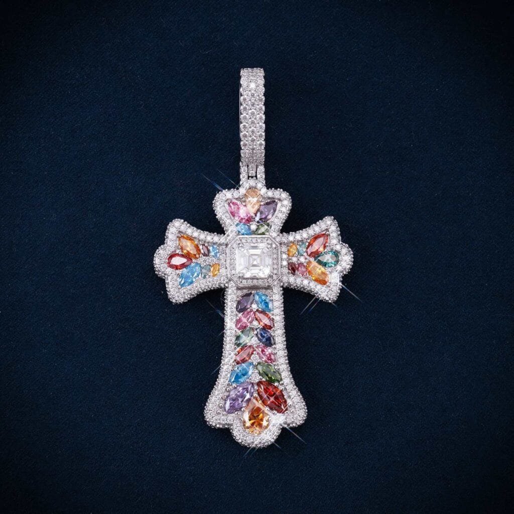 Juicx Moissanite Rainbow Halo Cross Pendant 14K Gold