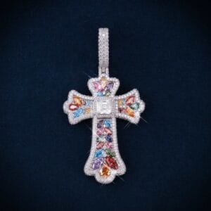 Juicx Moissanite Rainbow Halo Cross Pendant 14K Gold