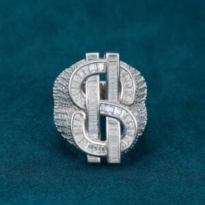 Juicx Dollar Sign Moissanite Baguette Ring 14k Gold