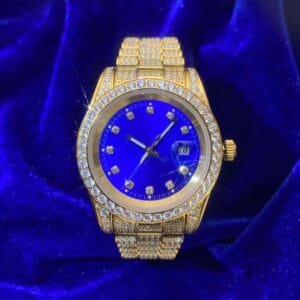 Juicx Moissanite Presidential Watch | Blue Face | 41MM | 13.3CT Iced Out | 14K Yellow Gold