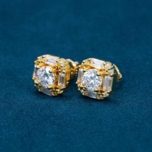 Juicx Moissanite Baguette Halo Stud Earrings 14K Gold
