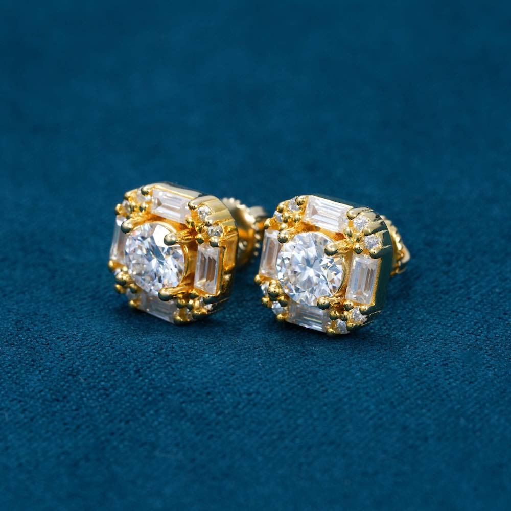 Juicx Moissanite Baguette Halo Stud Earrings 14K Gold