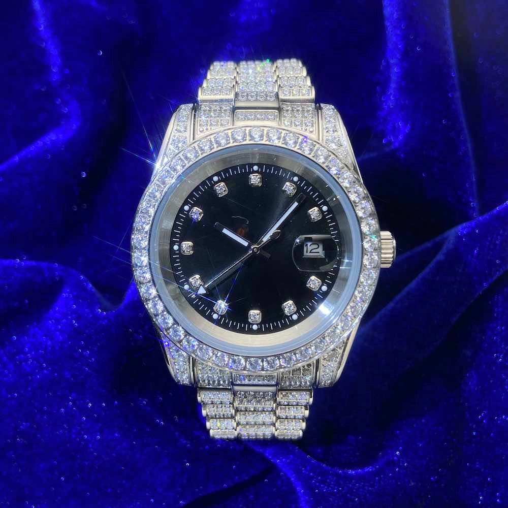 Juicx Moissanite Presidential Watch | Black Face | 41MM | 13.3CT Iced Out | 14K White Gold