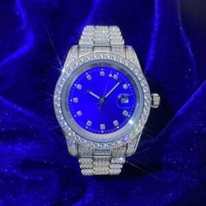 Juicx Moissanite Presidential Watch | Blue Face | 41MM | 13.3CT Iced Out | 14K White Gold