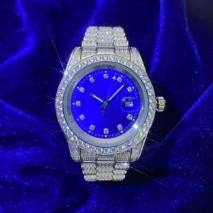 Juicx Moissanite Presidential Watch | Blue Face | 41MM | 13.3CT Iced Out | 14K White Gold