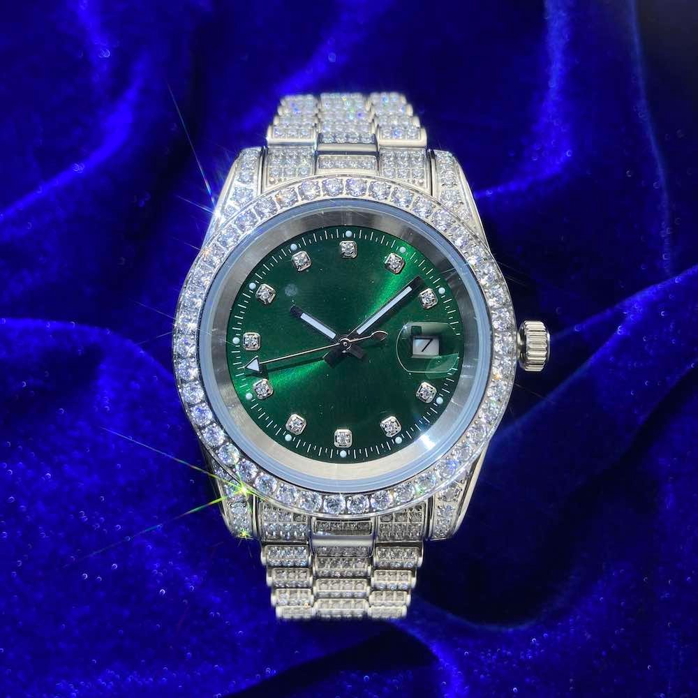 Juicx Moissanite Presidential Watch | Green Face | 41MM | 13.3CT Iced Out | 14K White Gold