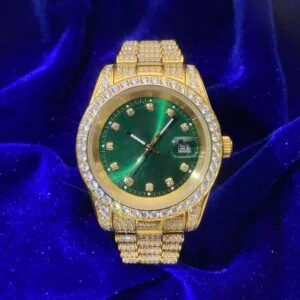Juicx Moissanite Presidential Watch | Green Face | 41MM | 13.3CT Iced Out | 14K Yellow Gold