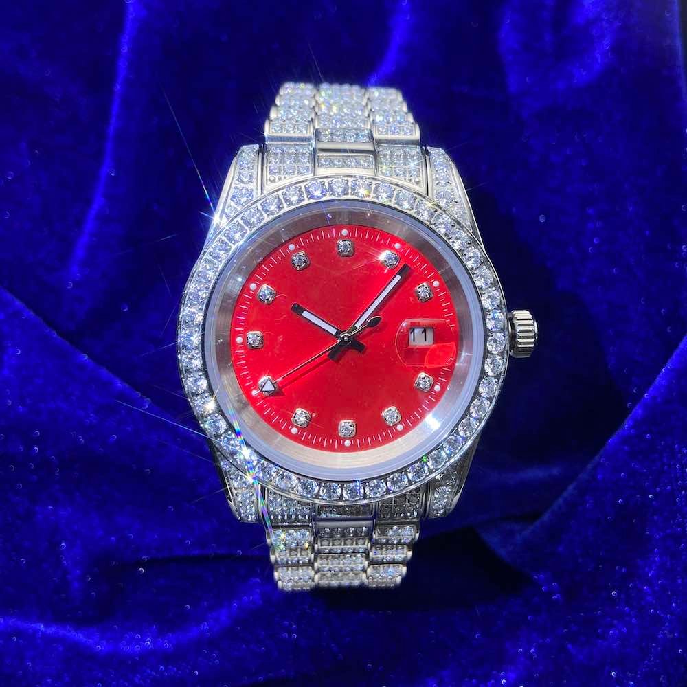Juicx Moissanite Presidential Watch | Red Face | 41MM | 13.3CT Iced Out | 14K White Gold