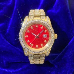 Juicx Moissanite Presidential Watch | Red Face | 41MM | 13.3CT Iced Out | 14K Yellow Gold